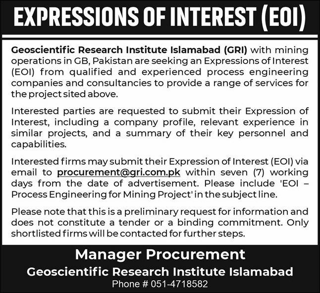 Geoscientific Research Institute Islamabad Tender Notice